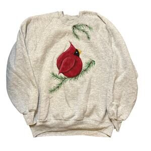 Vintage Gray Pullover Crewneck Sweatshirt Mens XL Cardinal Graphic Nature Bird